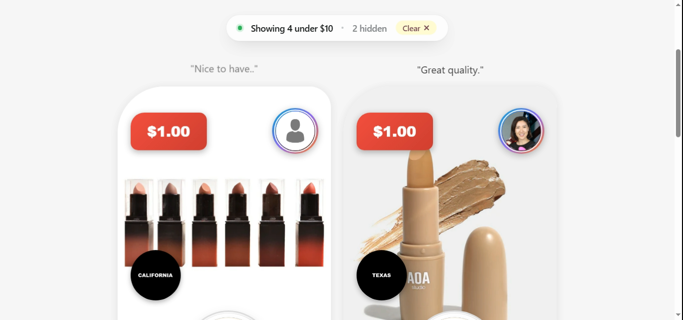 Two lipstick result cards both priced at $1.00, one from California and one Texas (AOA Studio), with the chip Showing 4 under $10, 2 hidden.