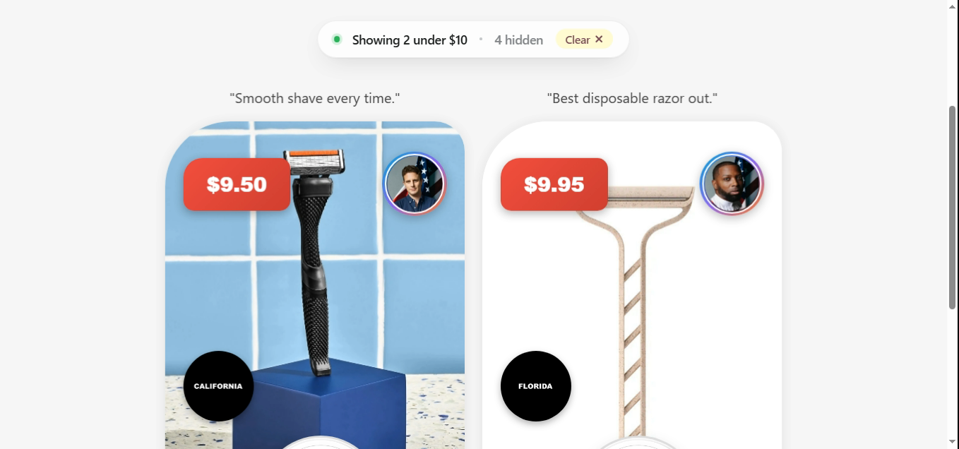 Two razor result cards: $9.50 from California, $9.95 from Florida, with the chip Showing 2 under $10, 4 hidden.