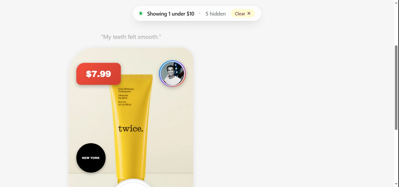 Result card for Twice toothpaste at $7.99 with the chip Showing 1 under $10, 5 hidden.