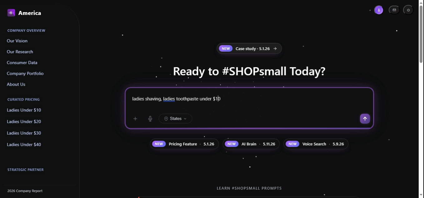 SHOPsmall search bar with the query 'ladies shaving, ladies toothpaste under $10'