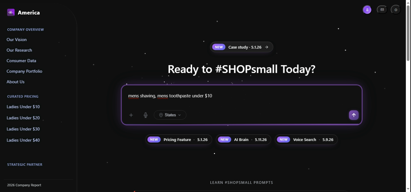 SHOPsmall search bar with the query 'mens shaving, mens toothpaste under $10'