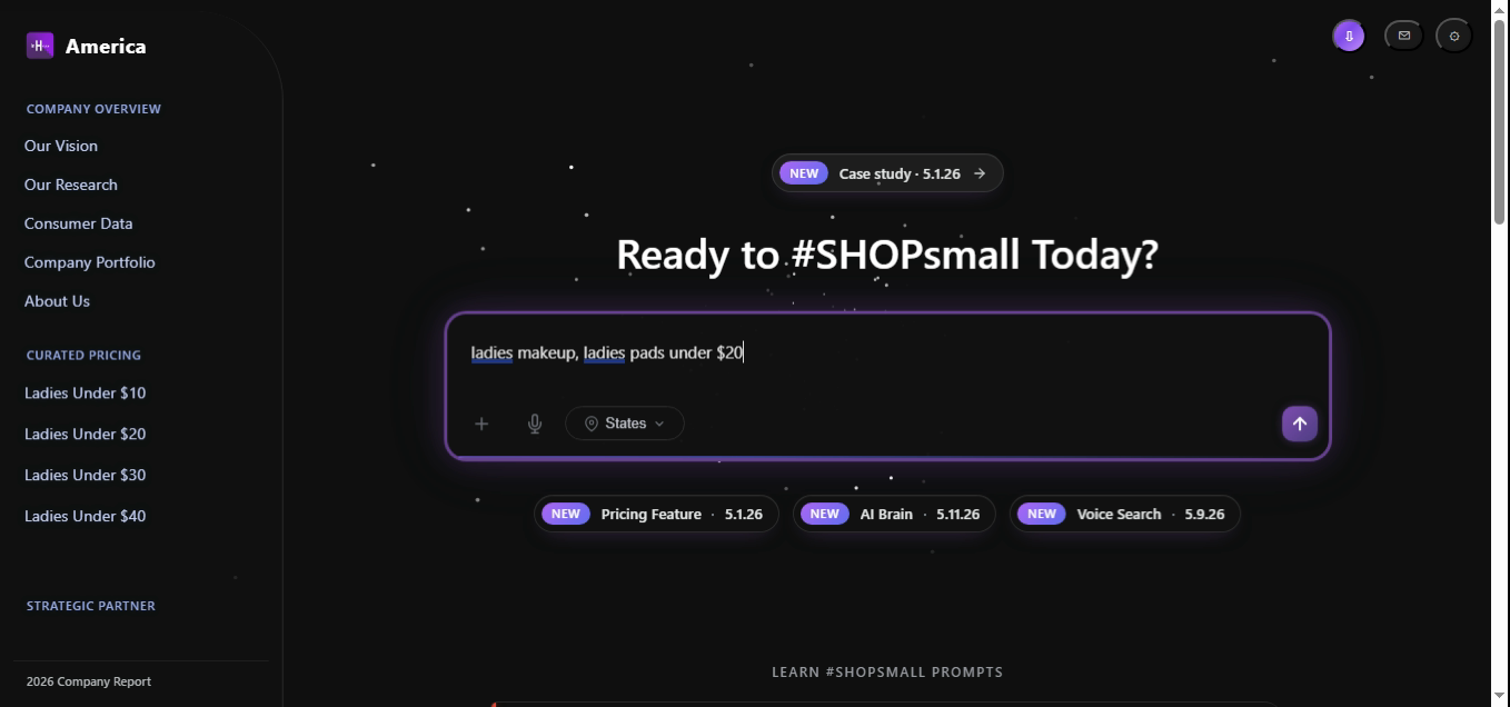 SHOPsmall search bar with the query 'ladies makeup, ladies pads under $20'