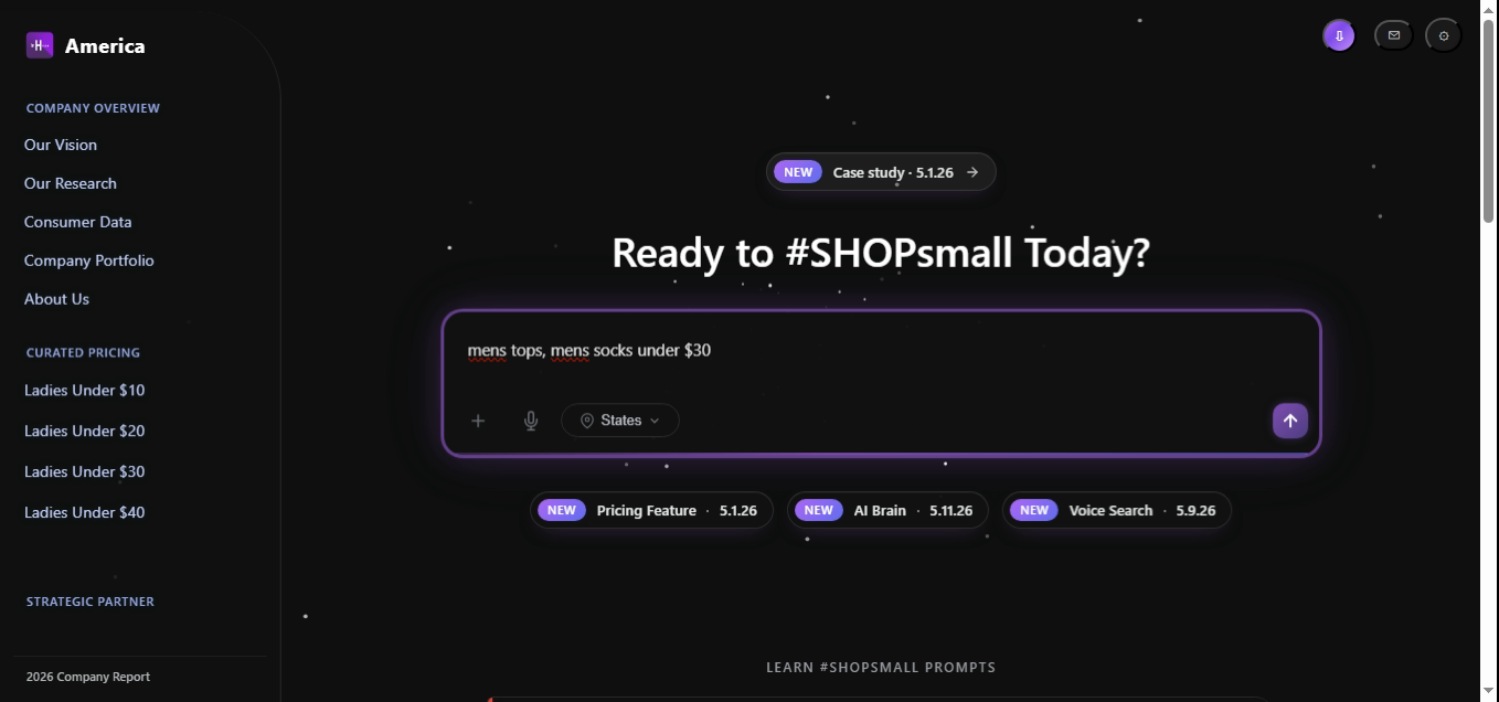 SHOPsmall search bar with the query 'mens tops, mens socks under $30'