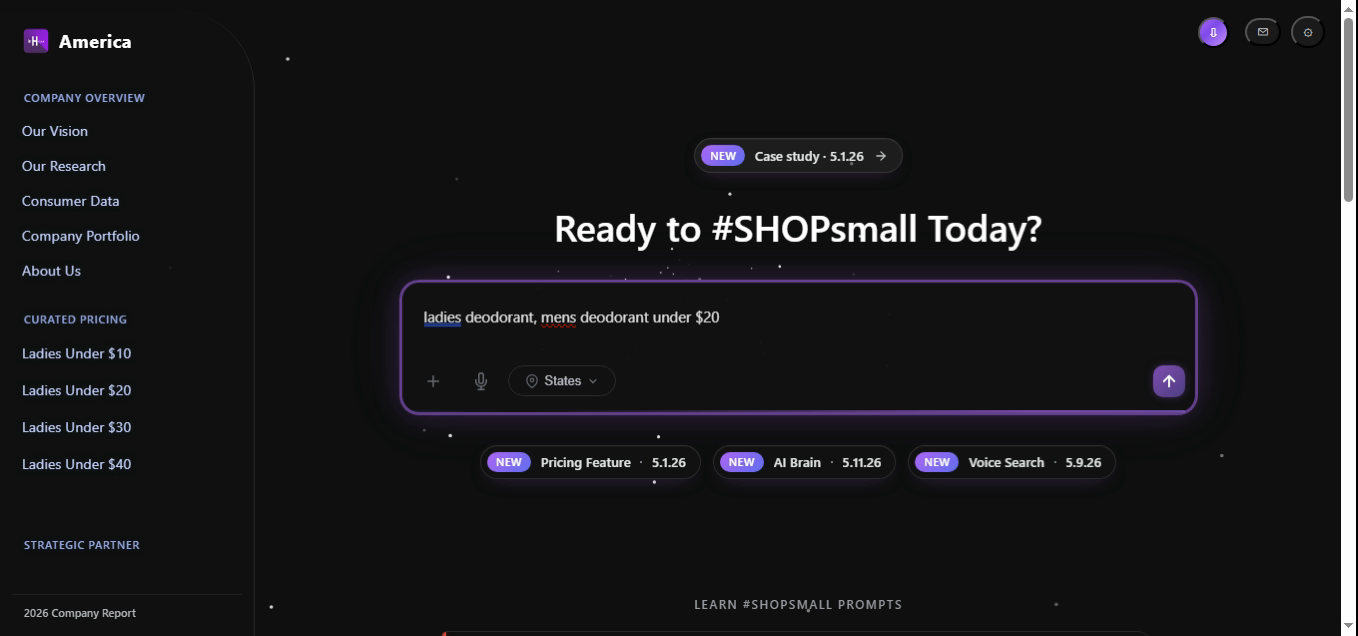 SHOPsmall search bar with the query 'ladies deodorant, mens deodorant under $20'