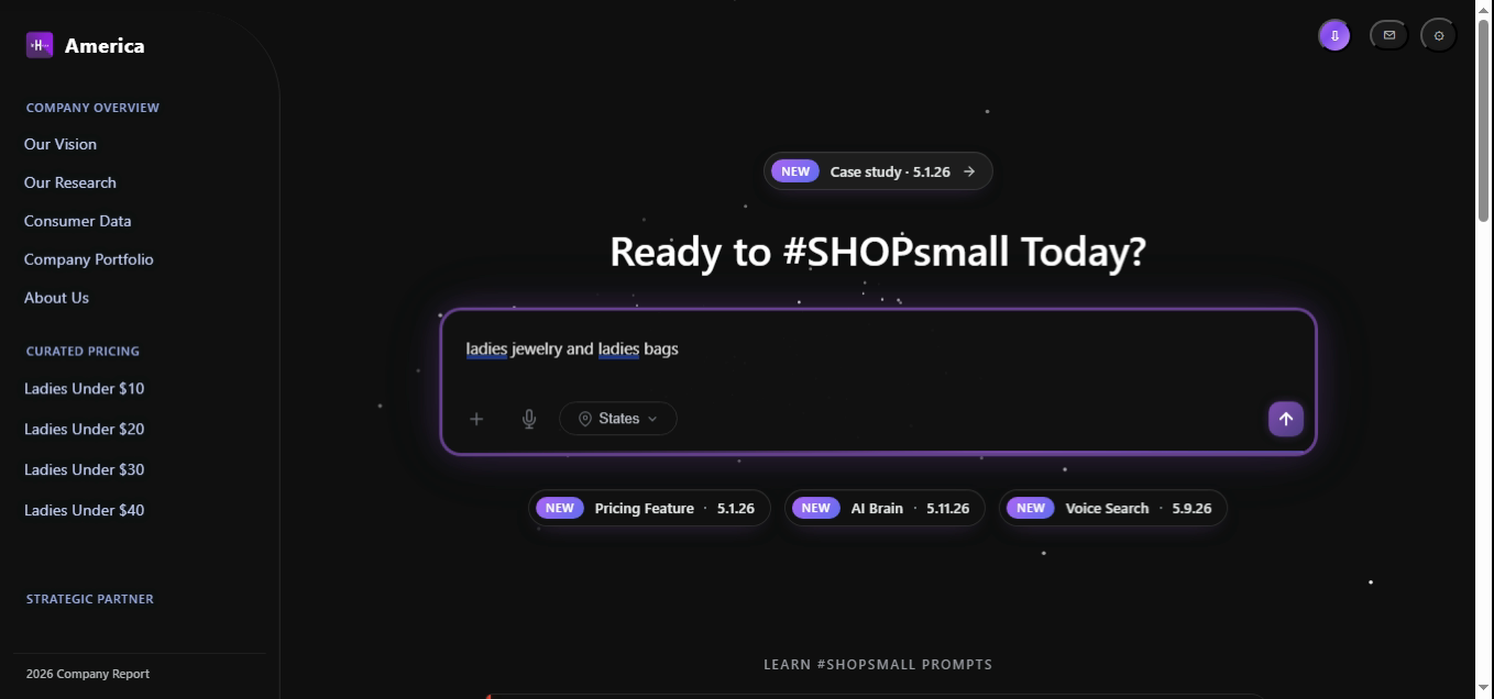 SHOPsmall search bar with the query 'ladies jewelry and ladies bags'