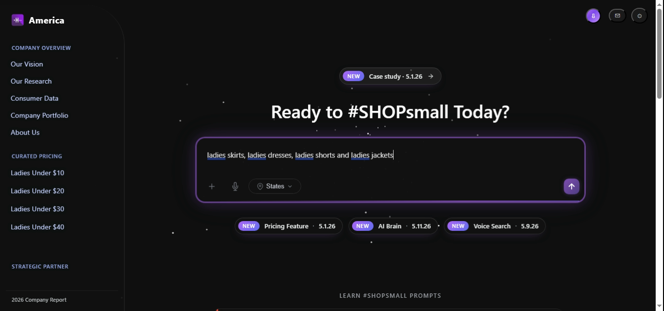 SHOPsmall search bar with the query 'ladies skirts, ladies dresses, ladies shorts and ladies jackets'