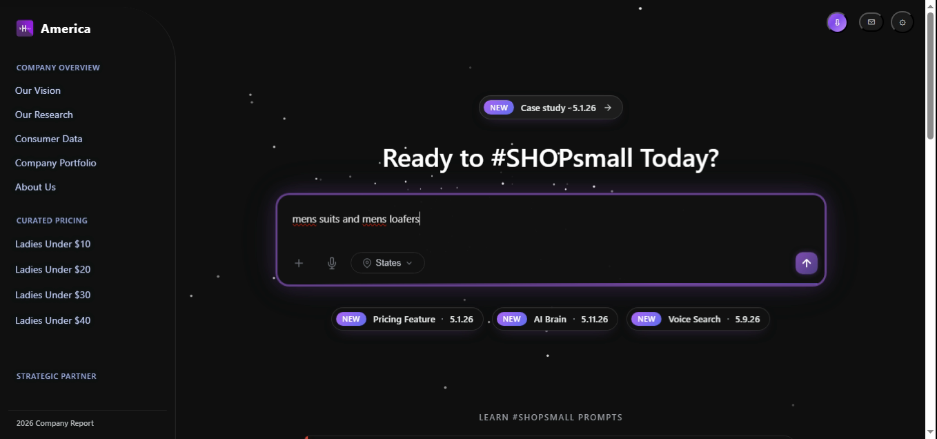 SHOPsmall search bar with the query 'mens suits and mens loafers'