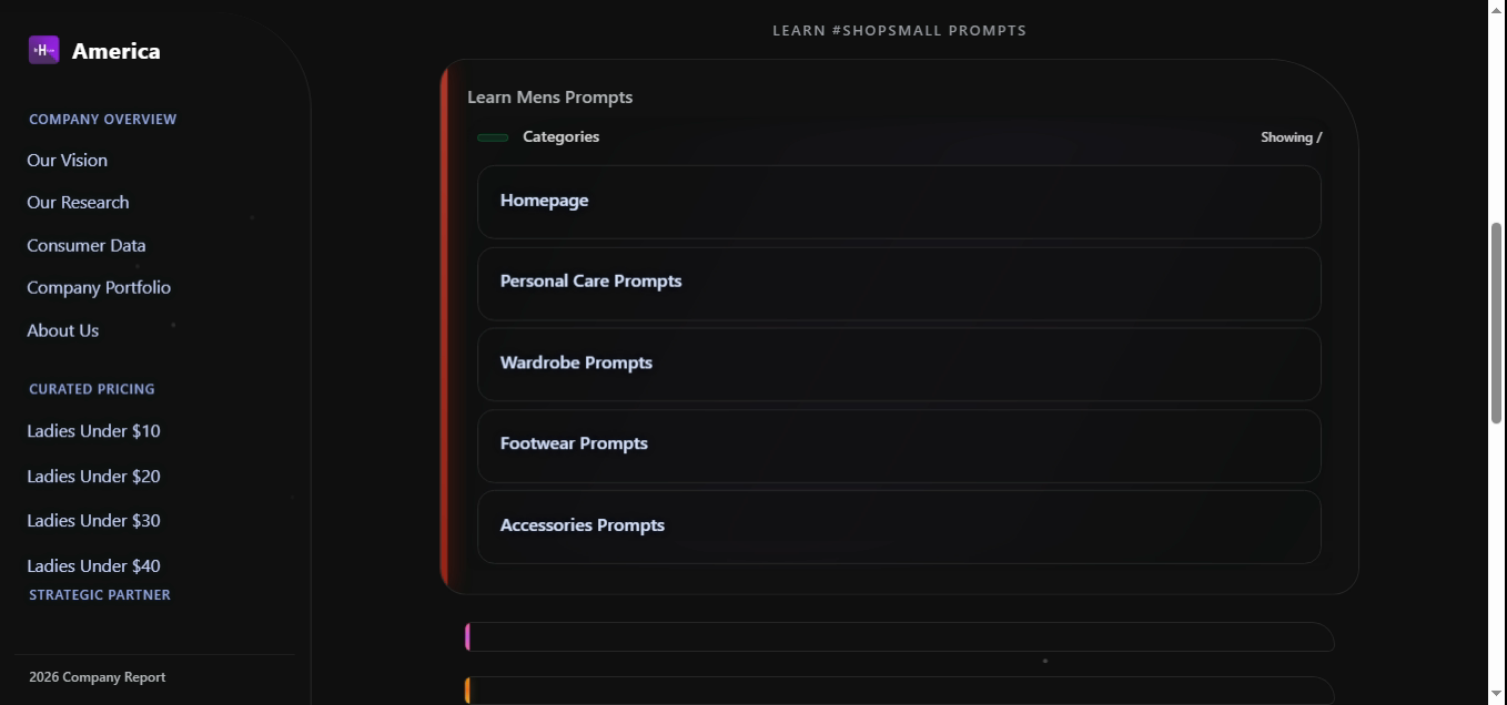 Mens prompt menu showing collapsed groups: Homepage, Personal Care Prompts, Wardrobe Prompts, Footwear Prompts, Accessories Prompts.