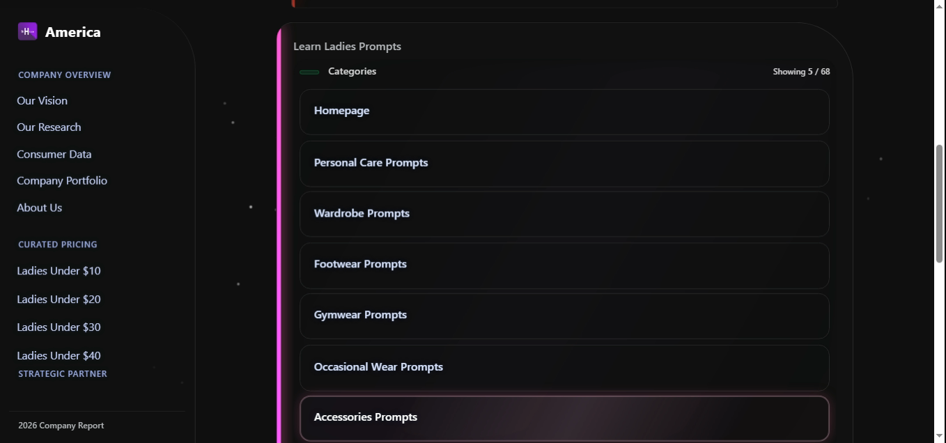 Ladies prompt menu showing seven collapsed groups: Homepage, Personal Care, Wardrobe, Footwear, Gymwear, Occasional Wear, Accessories. Counter reads Showing 5 / 68.