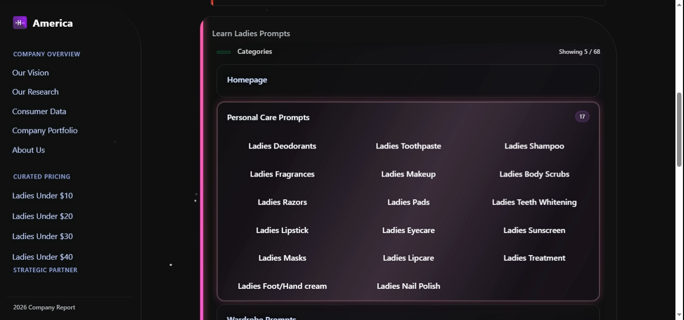 Ladies Personal Care Prompts group expanded with 17 items: Deodorants, Toothpaste, Shampoo, Fragrances, Makeup, Body Scrubs, Razors, Pads, Teeth Whitening, Lipstick, Eyecare, Sunscreen, Masks, Lipcare, Treatment, Foot/Hand cream, Nail Polish.
