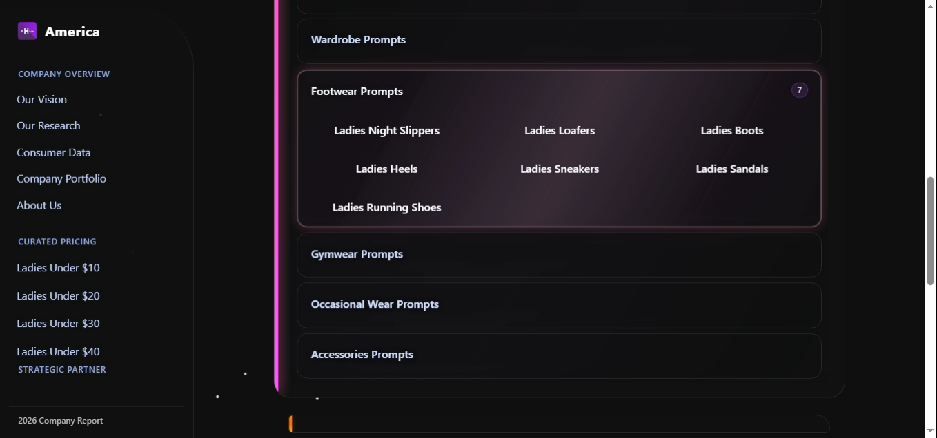 Ladies Footwear Prompts group expanded with 7 items: Night Slippers, Loafers, Boots, Heels, Sneakers, Sandals, Running Shoes.