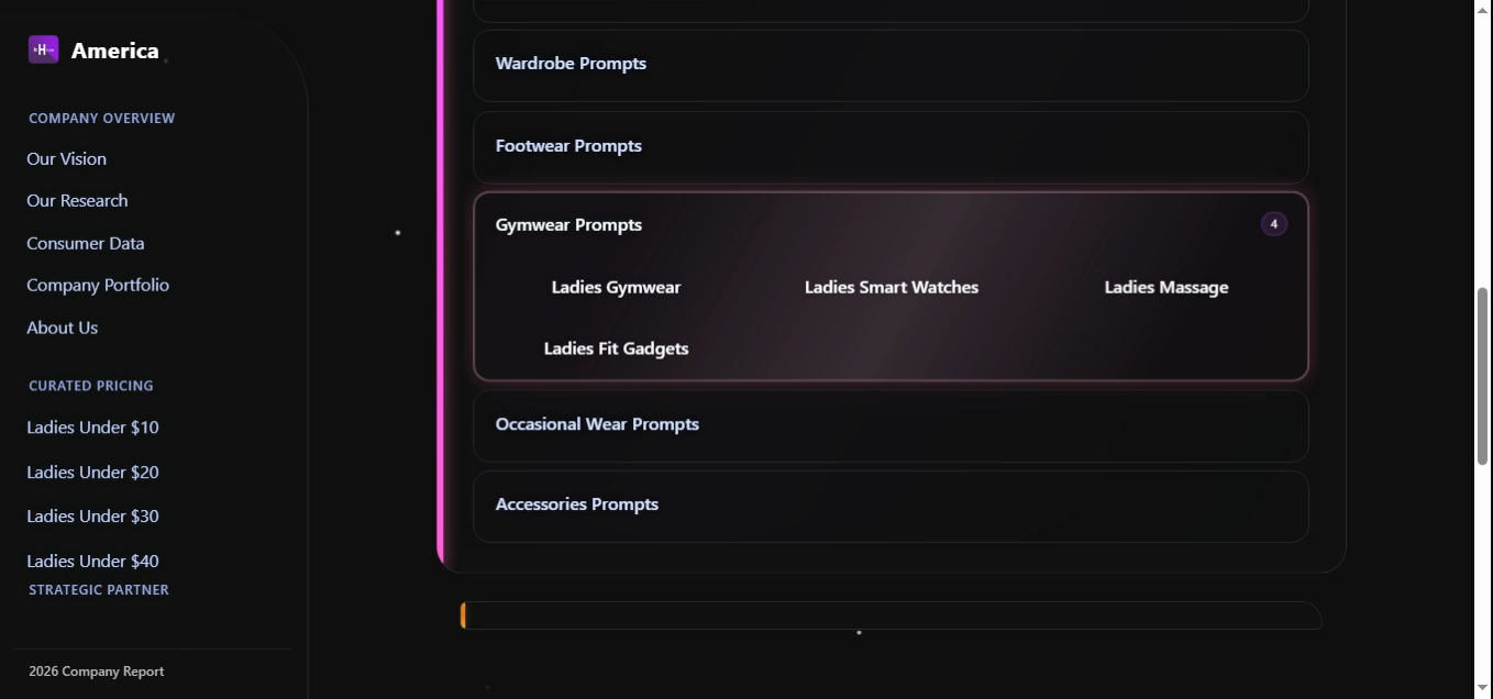 Ladies Gymwear Prompts group expanded with 4 items: Gymwear, Smart Watches, Massage, Fit Gadgets.